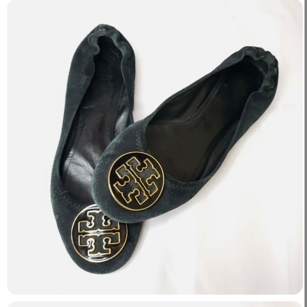 Tory Burch Reva Suede Leather Black Ballet Flats, size 8.5